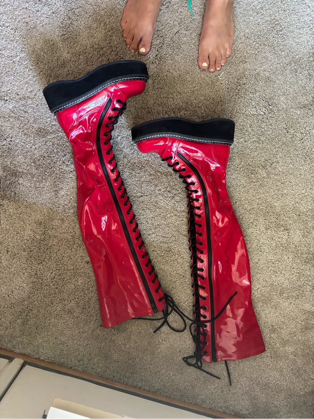 Platform Demonia Red Patent Over-the-Knee Lace-Up Boots - Picture 6 of 9